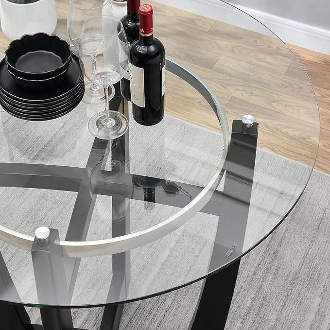 42" Glass Top Round Counter Height Table with Solid Wood Base, 1/2" Thick Tempered Glass, 35.5" High Dining Table