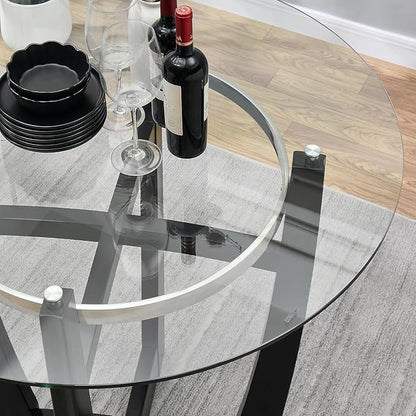 42" Glass Top Round Counter Height Table with Solid Wood Base, 1/2" Thick Tempered Glass, 35.5" High Dining Table