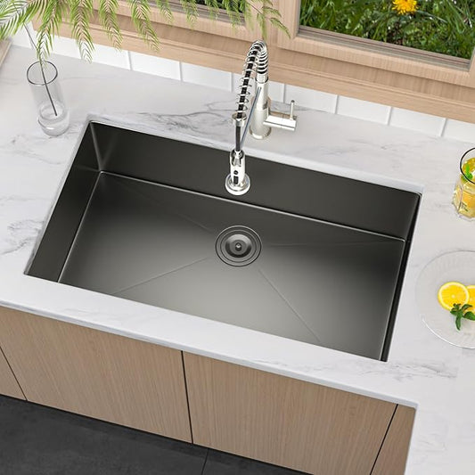 33 Inch Undermount Kitchen Sink Black 18 Gauge Stainless Steel Under Counter Sink Single Bowl Deep Handmade Single Bowl Kitchen Sink,33"x19"x9"