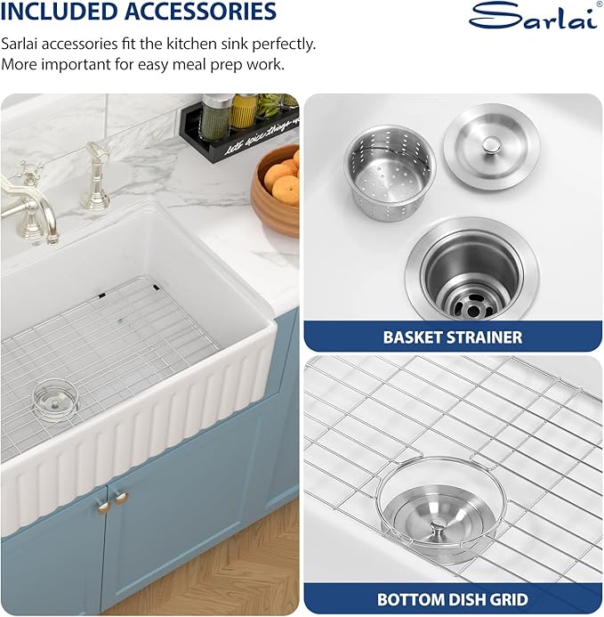 Sarlai 36 White Farmhouse Sink - 36 x 20 Inch Kitchen Sink Apron Front Single Bowl Reversible Ceramic Porcelain Vitreous Fireclay Single Bowl Farmer Sinks Basin