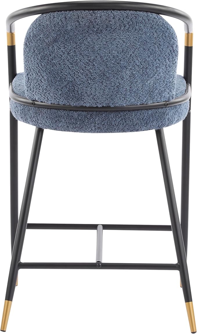 Set of 2 Upholstered Counter Stools - 26" Seat Height Navy Blue Boucle Stools with Sturdy Iron Frame, Gold Trim+Black Base, Contemporary Design for Kitchen Island/Home Bar/Dining Area