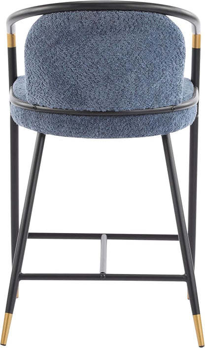 Set of 2 Upholstered Counter Stools - 26" Seat Height Navy Blue Boucle Stools with Sturdy Iron Frame, Gold Trim+Black Base, Contemporary Design for Kitchen Island/Home Bar/Dining Area