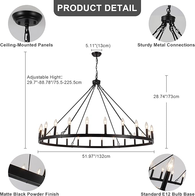 ANKYLHUA 52 inches Black Wagon Wheel Chandelier- 24 Light Large Farmhouse Chandelier Industrial Rustic Dining Room Light Fixture Round High Ceiling Pendant Light for Living Room Entryway Foyer