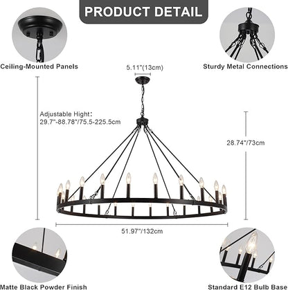 ANKYLHUA 52 inches Black Wagon Wheel Chandelier- 24 Light Large Farmhouse Chandelier Industrial Rustic Dining Room Light Fixture Round High Ceiling Pendant Light for Living Room Entryway Foyer