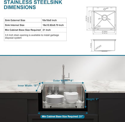 Outdoor Sink and Faucet18 Inch Drop In Bar Sink Workstation 16 Gauge Stainless Steel Single Bowl Small Basin With Pull-out Faucet Outdoor Bar RV Kitchen Sinks 18x18x9 Inch