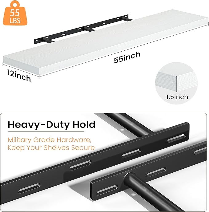 White Floating Shelves for Wall, 55 Inch Floating Shelves Set of 2, Wall Mounted Rustic Wood Shelf for Bathroom, Living Room, Bedroom and Kitchen, Hanging Shelf for Storage, Books, Home Decor