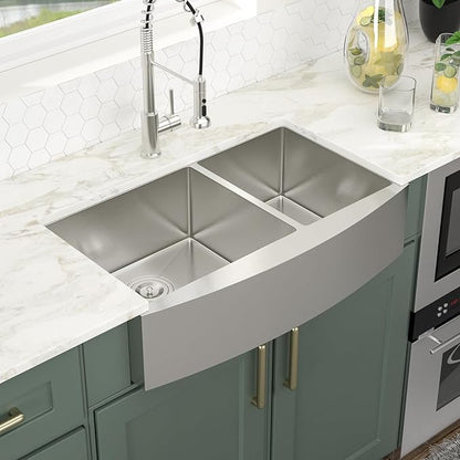 Logmey 33 Inch Farmhouse Sink 60/40 Double Bowl Kitchen Sink Apon Front Sink 16 Gauge 304 Stainless Steel Farm Sinks 33x20x9