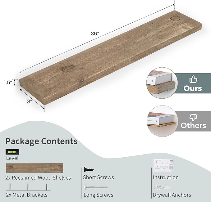 FLYJOE Floating Shelves | 8" Deep Rustic Reclaimed Barnwood Wall Hanging Shelves with Invisible Heavy-Duty Metal Bracket | Wall Mounted | Farmhouse Style | 36 inches, 2 PCs, Distressed Natural