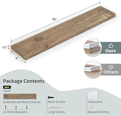 FLYJOE Floating Shelves | 8" Deep Rustic Reclaimed Barnwood Wall Hanging Shelves with Invisible Heavy-Duty Metal Bracket | Wall Mounted | Farmhouse Style | 36 inches, 2 PCs, Distressed Natural