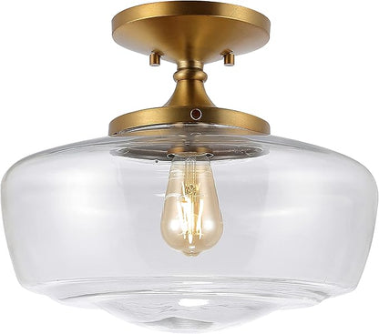 JONATHAN Y 14" Brass Gold Modern Farmhouse LED Flush Mount Light Fixture, Clear Glass Shade, Rustic Industrial Schoolhouse Lamp for Kitchen Hallway Bedroom (JYL7517B)