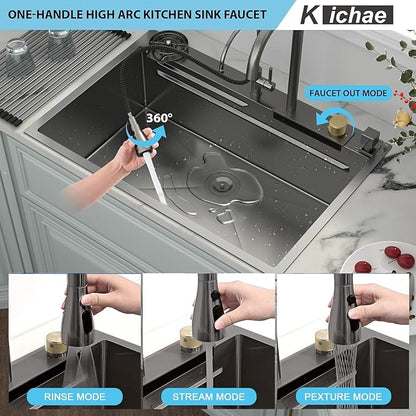 Kichae 36 Black Kitchen Sink Drop In Waterfall - 36x22 Drop Sink Stainless Steel 16 Gauge Single Bowl Waterfall Kitchen Sinks Workstation Handmade with Faucet & Glass Rinser