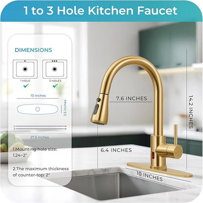 Touchless Kitchen Faucet with Pull Down Sprayer - Brushed Gold Single Handle Kitchen Faucets, High Arc Stainless Steel Pull Out Kitchen Sink Faucet with Deck for RV Laundry Farmhouse Bar