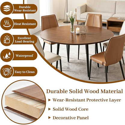 Wood Round Foldable Table Top Only Large Portable Tabletop for Desktop Transformation 47 51 55 59 63 71 inch 4-Fold Folding Round Table Top Extender Space Saving for Family Dinners(Light Walnut,63")