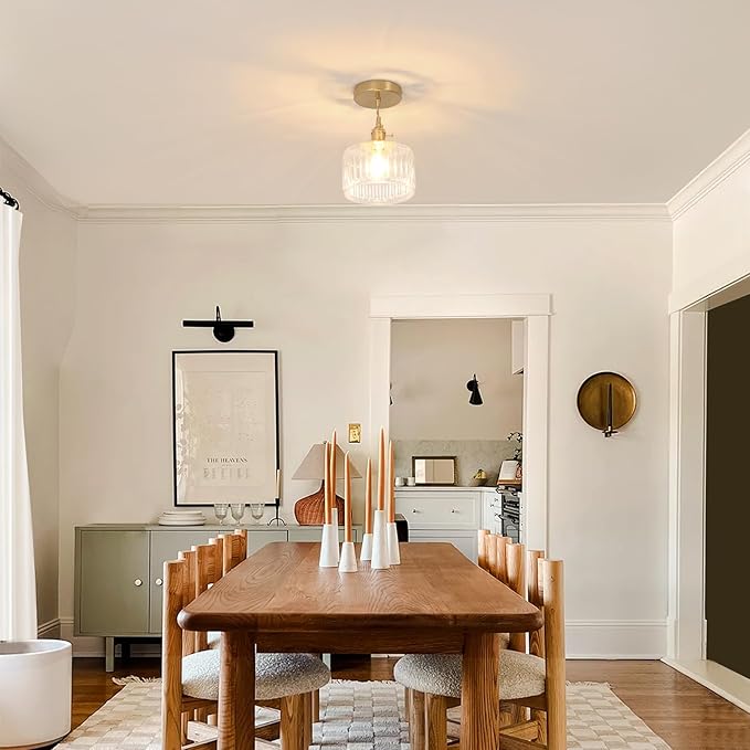Shenmoyl Pendant Light with Clear Striped Glass Lmapshade, Brass Vintage Pendant Light Adjustable Hanging Light for Kitchen Island Dining Room Hallway
