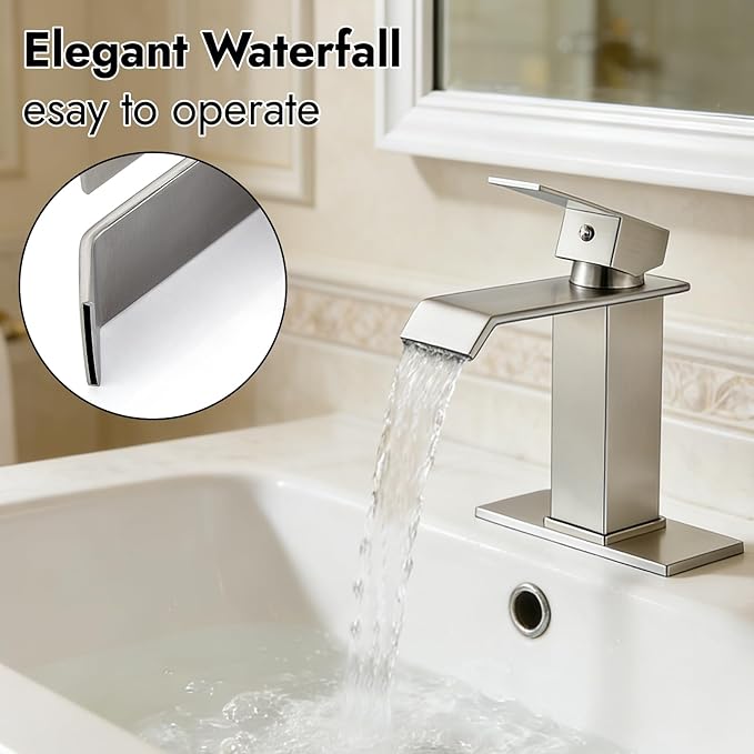 Midanya Waterfall Bathroom Faucets, Single Handle 1 Hole Bathroom Sink Faucet Modern RV Vanity Restroom Lavatory Basin Faucet with Pop Up Drain and Water Supply Lines,Brushed Nickel