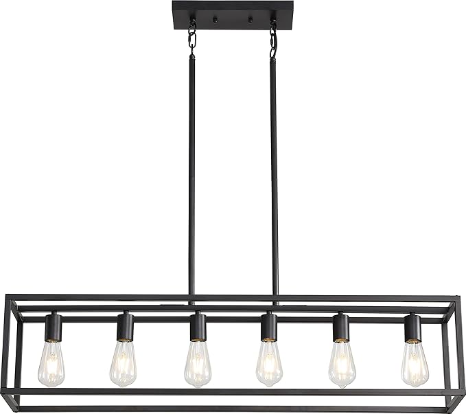 41'' Dining Room Light Fixture, 6-Light Black Chandeliers for Dining Room, Linear Kitchen Light Fixtures, Modern & Farmhouse Style, Rectangle, Height Adjustable (E26, Metal)