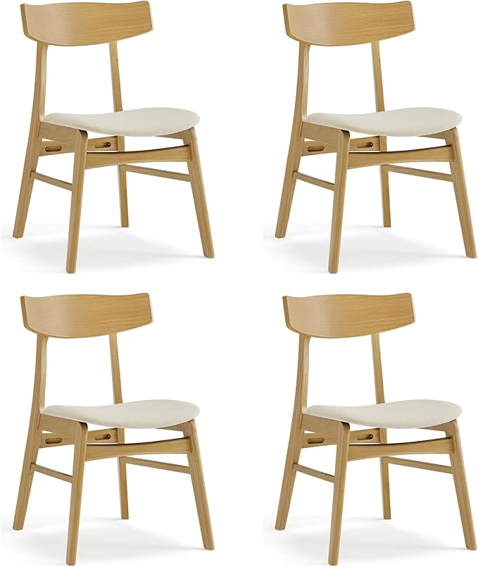 KISLOT Wooden Dining Chairs Set of 4, Upholstered Modern Dining Room Chairs, Mid Century Oak Kitchen Chairs with Curved Wood Backrest for Kitchen, Restaurant, Farmhouse (Cream Fabric & Original Color)