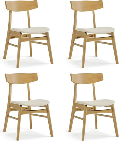 KISLOT Wooden Dining Chairs Set of 4, Upholstered Modern Dining Room Chairs, Mid Century Oak Kitchen Chairs with Curved Wood Backrest for Kitchen, Restaurant, Farmhouse (Cream Fabric & Original Color)
