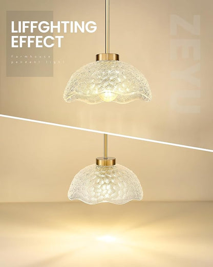 zeyu 2-Pack Pendant Lights Kitchen Island Gold, 10.4'' Ceiling Hanging Light Fixtures, Brushed Gold Pendant Lightings with Clear Hammered Glass, ZJX116M1L-2PK BG