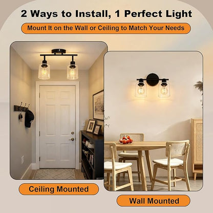 HiBay 2-Light Track Lighting Fixture Black, Ceiling or Wall Mount Rotatable Spotlights with Glass Shades, Modern Farmhouse Industrial Lights for Bedroom, Kitchen Sink, Loft, E26 Base
