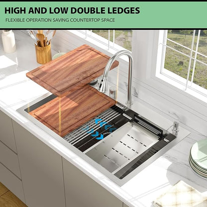 33 inch Drop In Kitchen Sink - Beslend 33x22x10 Waterfall Sink with Pull-Down Faucet 16 Gauge Stainless Steel, Double Track Workstation Kitchen Sinks with Faucet Combo, Handmade Dish Basin