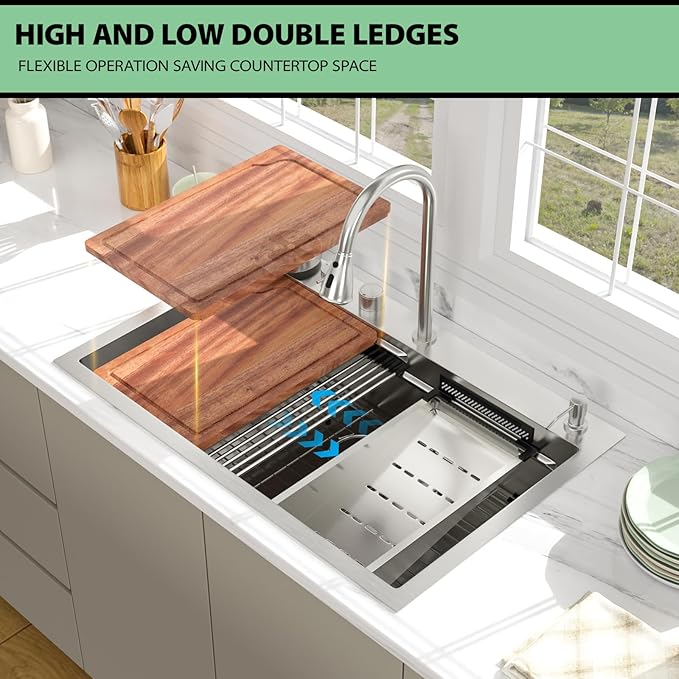 30 inch Drop In Kitchen Sink - Beslend 30x22x10 Waterfall Sink with Pull-Down Faucet 16 Gauge Stainless Steel, Double Track Workstation Kitchen Sinks with Faucet Combo, Handmade Dish Basin