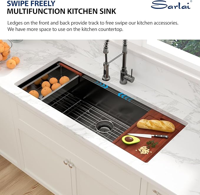Sarlai 45 Black Undermount Kitchen Sink Workstation NANO-PVD Kitchen Sink with Ledge Round Corner 16 Gauge Stainless Steel Gunmetal Black Single Bowl Sinks Basin 45"x19"x10"