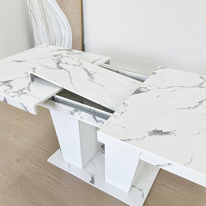 63" - 79" Extendable Dining Room Table, Expandable Kitchen Table for 6 to 10 People, Modern Wood Conference Table, Large Dining Table(Faux White Marble, Pedestal Base B)
