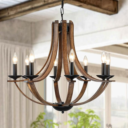 LAMPKEDUO Rustic Farmhouse Dining Room Chandelier Light Fixture, 8-Light 28" Adjustable Chandelier for Kitchen Island, Living Room, Foyer, Staircase, Restaurant, Showroom, Villa, Faux Walnut
