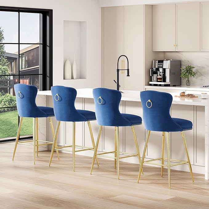 Modern Counter-Height Bar Stool Set of 2, 26" Velvet Upholstered Barstools with Backrest and Gold Chrome Base Footrest, Nailheads Trim, Blue Bar Stools for Kitchen Island, Cafe, Pub (Blue)