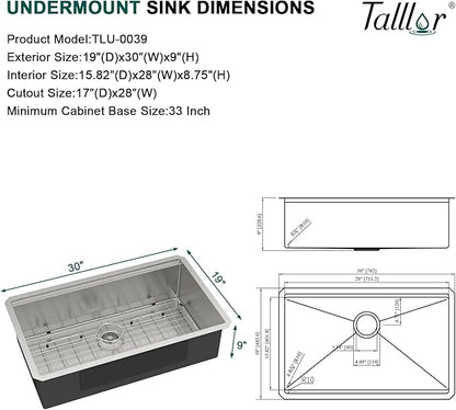 30 Inch Undermount Kitchen Sink 30x19 Workstation All-In One 16 Gauge 304 Stainless Steel Single Bowl Handmade Under Counter Sinks Basin with Accessories #TLU-0039