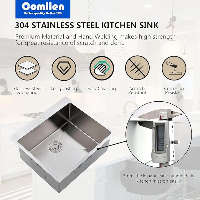 Comllen 25 x 22 Inch Drop In Kitchen Sink, Brushed Nickel Topmount 16 Gauge Stainless Steel Kitchen Sinks, 8 Inch Deep Utility RV Sink