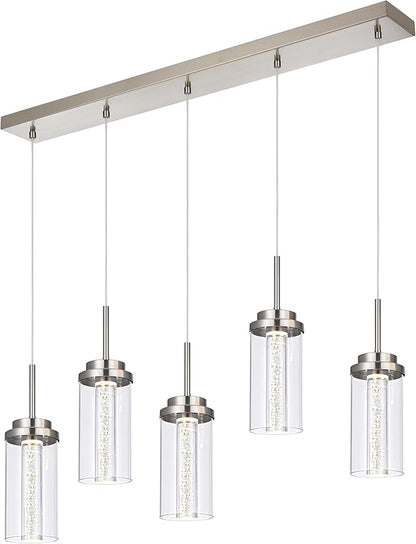 MELUCEE 5-Lights Led Chandelier, Kitchen Island Lighting Brushed Nickel Linear Chandelier with Clear Glass Shade, Large Pendant Lighting for Dining Room Over Table, 3000K-6000K Adjustable, 25W