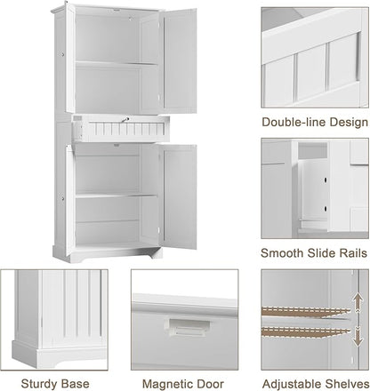 ChooChoo 72" H Tall Bathroom Floor Cabinet, Modern Bathroom Storage Cabinet with Drawer and Adjustable Shelves, Freestanding Kitchen Pantry Cupboard with 4 Doors for Living Room, White