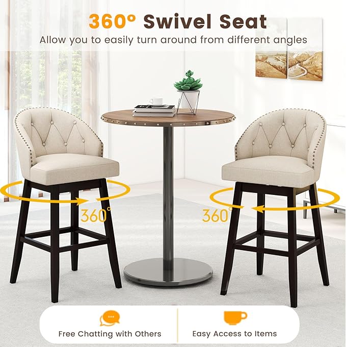 Giantex Modern Upholstered Bar Stools Set of 2, 31" Bar Height Swivel Kitchen Stools w/Button-Tufted Back, Rubber Wood Frame, Rivet Decoration, Linen Fabric Barstools for Counter Island, Cafe, Beige