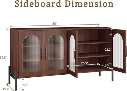 HUAHUU 55" Buffet Cabinet with Storage, Large Sideboard Buffet Cabinet with 4 Doors & 2 Adjustable Shelves, Modern Sideboard Storage Cabinets for Kitchen Living Room Entryway, Walnut