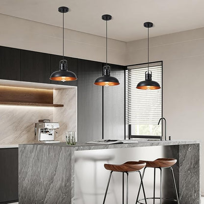 Industrial Pendant Light, 10.5 Inch Farmhouse Small Black and Gold Chandelier, Vintage Hanging Light Fixture with 71'' Height Adjustable Cord for Kitchen Island, Dining Room, Bedroom - 3 Pack