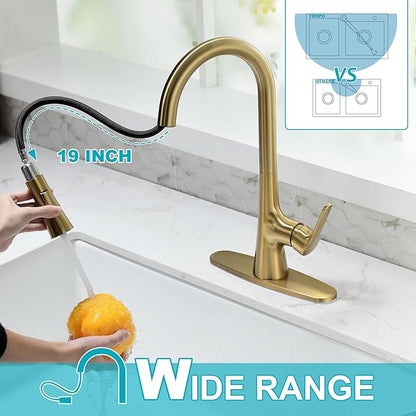Brushed Gold Kitchen Faucet, Single Handle Gold Kitchen Sink Faucet with Pull Down Sprayer Modern Stainless Steel Brass Kitchen Faucet with Deck Plate Power Clean Spray Head 1 or 3 Hole