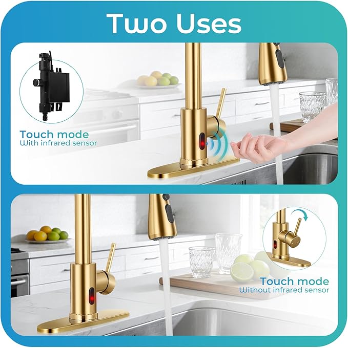 Touchless Kitchen Faucet with Pull Down Sprayer - Brushed Gold Single Handle Kitchen Faucets, High Arc Stainless Steel Pull Out Kitchen Sink Faucet with Deck for RV Laundry Farmhouse Bar