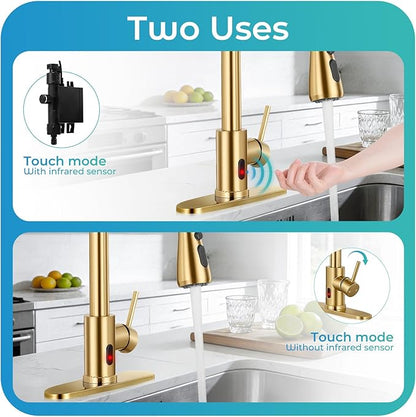 Touchless Kitchen Faucet with Pull Down Sprayer - Brushed Gold Single Handle Kitchen Faucets, High Arc Stainless Steel Pull Out Kitchen Sink Faucet with Deck for RV Laundry Farmhouse Bar