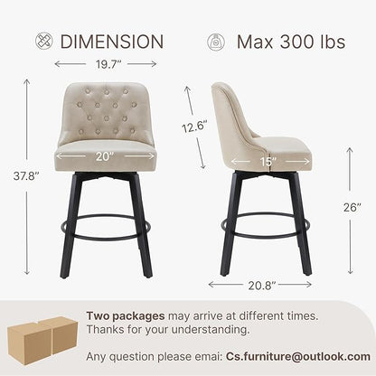KISLOT Swivel Counter Height Bar Stools Set of 4, 26" Upholstered Faux Leather Barstools with Back,Thick Seat and Square Solid Wood Legs for Kitchen Island Home Bar, Beige