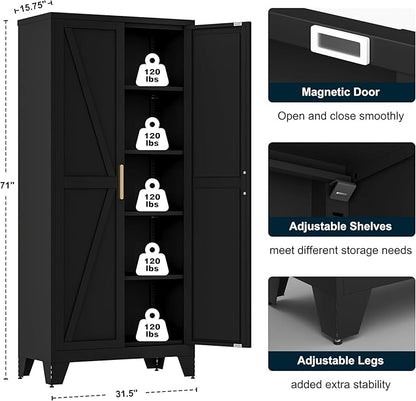 LCAOPC 71" Tall Metal Storage Cabinet with 2 Doors and 4 Adjustable Shelves, 5-Tier Kitchen Pantry Storage Cabinet for Kitchen, Living Room, Dining Room and Office, Black
