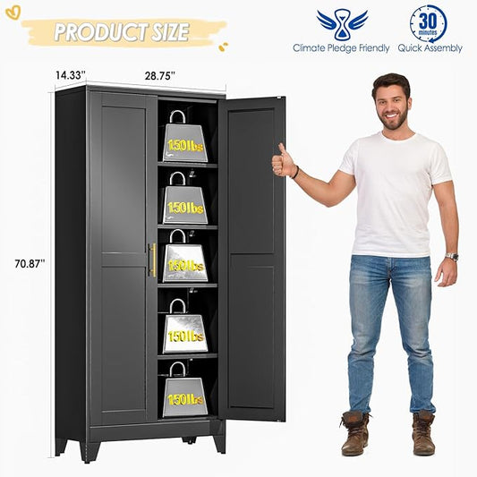 GAIOUS 71" Tall Metal Storage Cabinet with 2 Doors and 4 Adjustable Shelves, Kitchen Pantry Cabinet Black Freestanding Cupboard, 5 Tier Multifunctional Steel Storage for Office, Kitchen, Dining Room