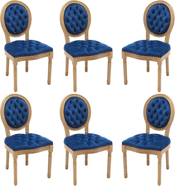 Velvet Dining Chairs Set of 6, Vintage Wooden Dining Chair with Solid Wood Legs, Upholstered Farmhouse Kitchen Chair for Living Room, Restaurant, Bedroom (Blue, Set of 6)