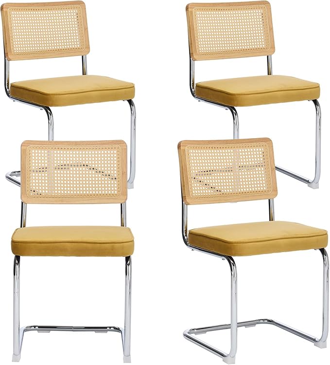 Rattan Back Velvet Dining Chair Set of 4 Modern Stainless Chrome Base Armless Upholstered Side Chair for Dining Room, Kitchen Island, Gold