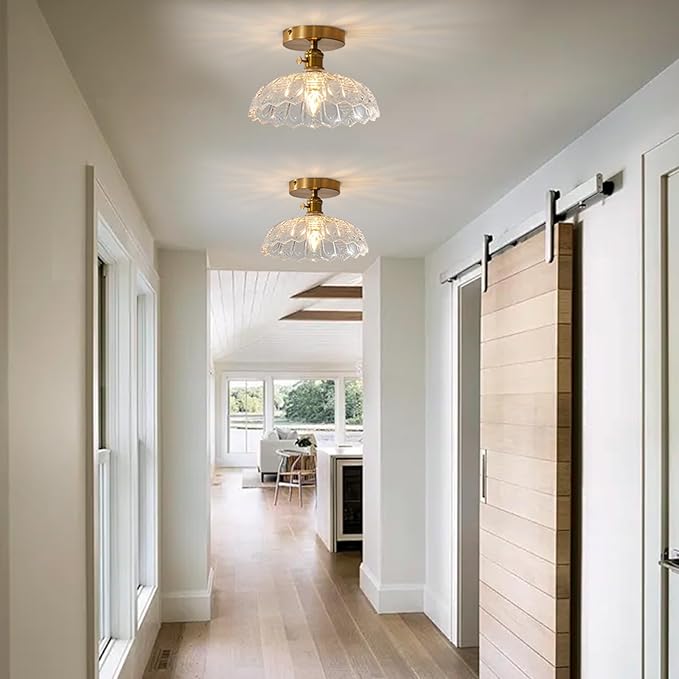 Semi Flush Mount Ceiling Light, Gold Vintage Hallway Light Fixture with Clear Water Lily Glass Lampshade Brass Modern Ceiling Light Fixtures for Porch Kitchen Bedroom Hallway