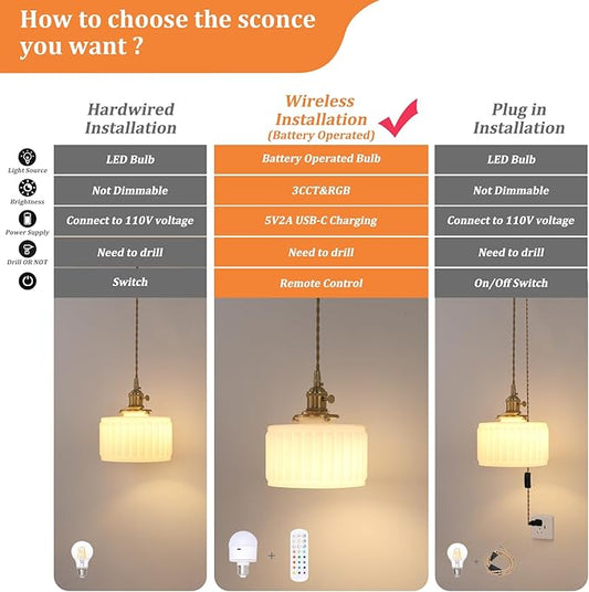Shenmoyl Battery Operated Pendant Light 5000mAh Rechargeable Chandelier with Remote Control Wireless Adjustable Hanging White Striped Light for Kitchen Island Dining Room Hallway