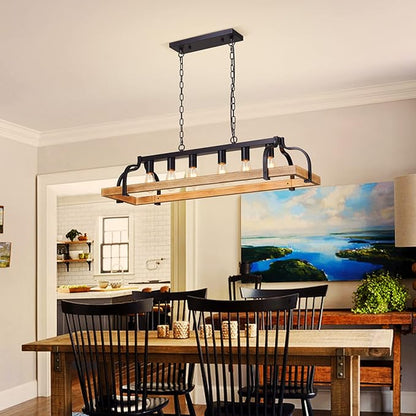 WUZUPS 6-Light Metal Pot Hanging Rack Chandelier Imitation Light Wood Grain Linear Pendant Ceiling Lighting Rustic Farmhouse Fixture Kitchen Island Dining Room, H 9.8" L 40.6" W11.8, E26 Base, Black