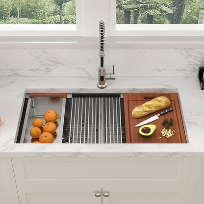 Sarlai 36 Inch Undermount Kitchen Sink Double Bowl Kitchen Sink Low-Divide Large Undermount Workstation16 Gauge Stainless Steel 50/50 Double Basin Under Counter Sinks