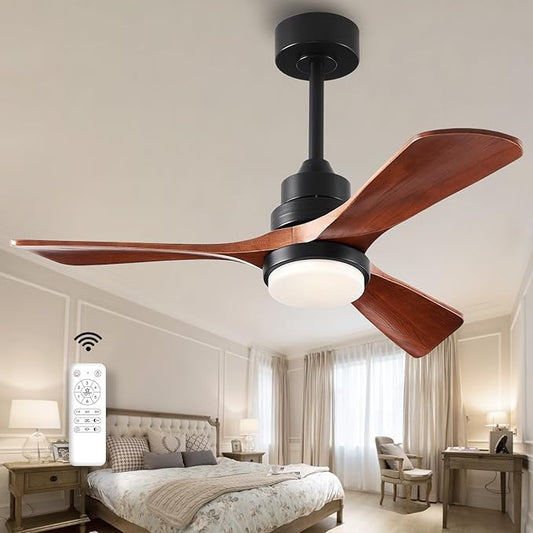 42 inch Wood Ceiling Fans with Lights and Remote, Upgraded Dimmable, Quiet Reversible DC Motor, 3 Blades 6 Speeds Black Ceiling Fan for Farmhouse Living Room Bedroom Dining Room Workroom Study